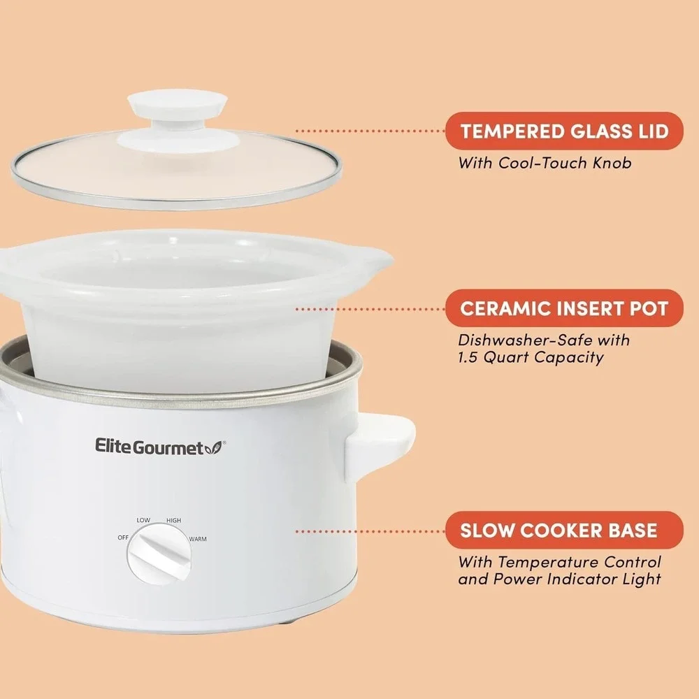 Elite Gourmet MST-250XW# Electric Slow Cooker Ceramic Pot Adjustable Temp 1.5Qua